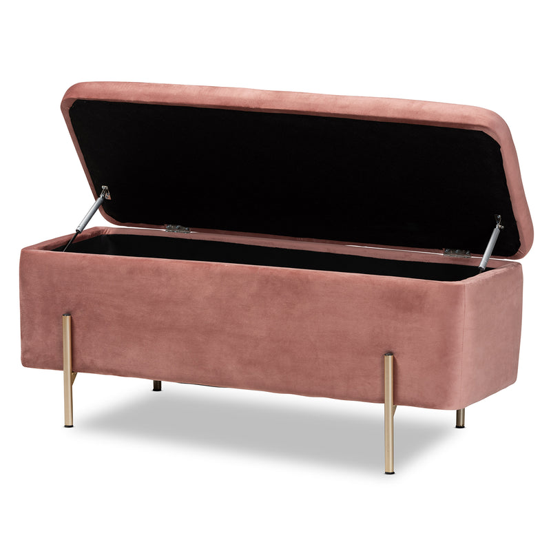 Rockwell Storage Bench Contemporary Glam Luxe Blush Pink Velvet Fabric Upholstered Gold Finished Metal