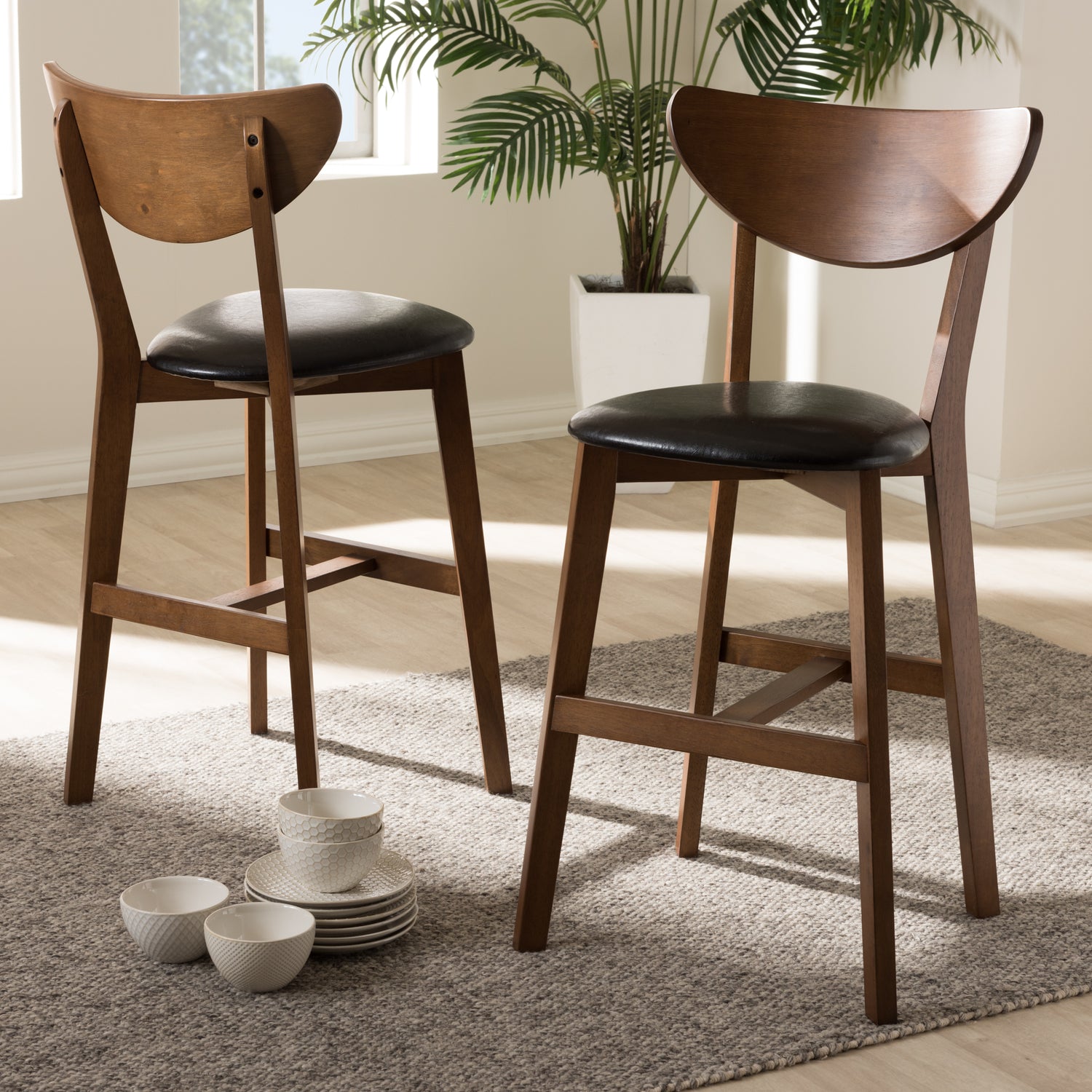 Eline Counter Stool Set of 2 Mid-Century Modern Black Faux Leather with Walnut Finish