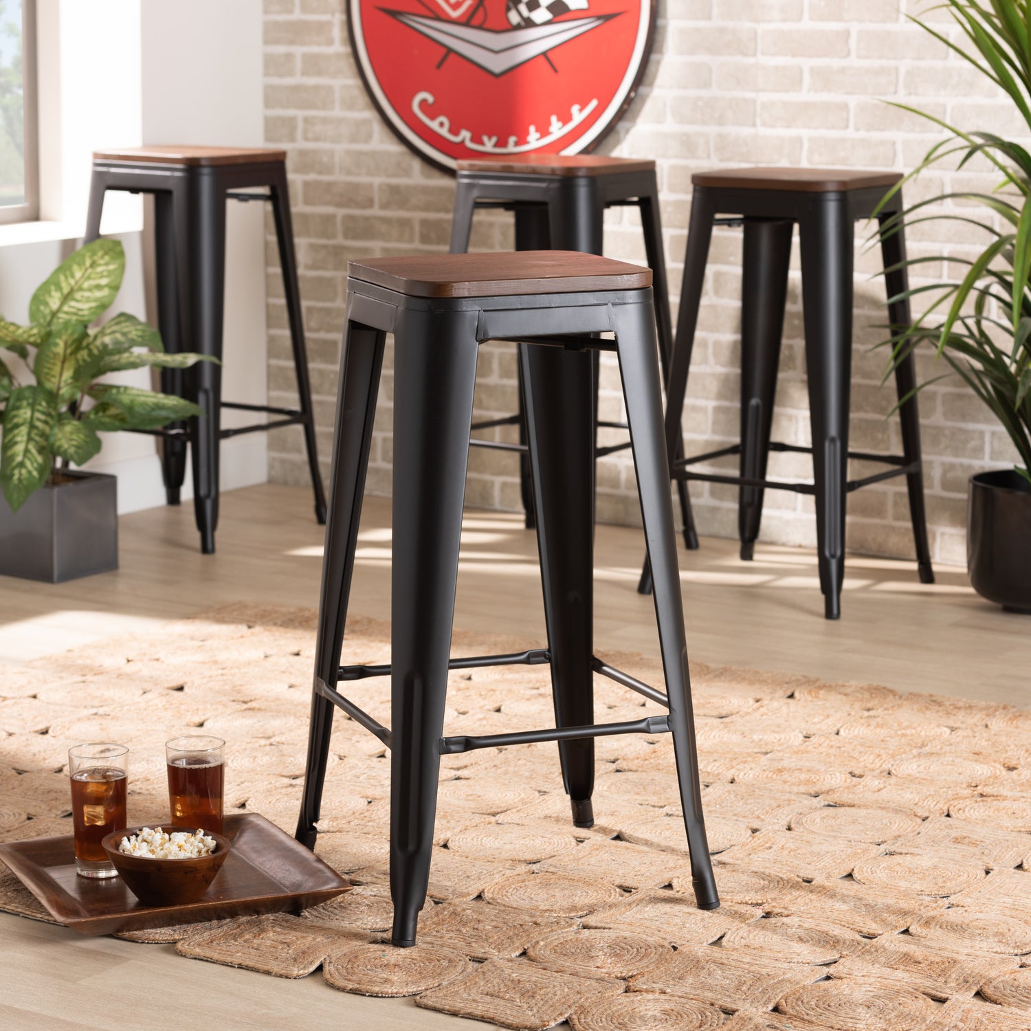 Horton Bar Stool Set Modern and Contemporary Black Metal and Walnut Brown Finished Wood 4-Piece