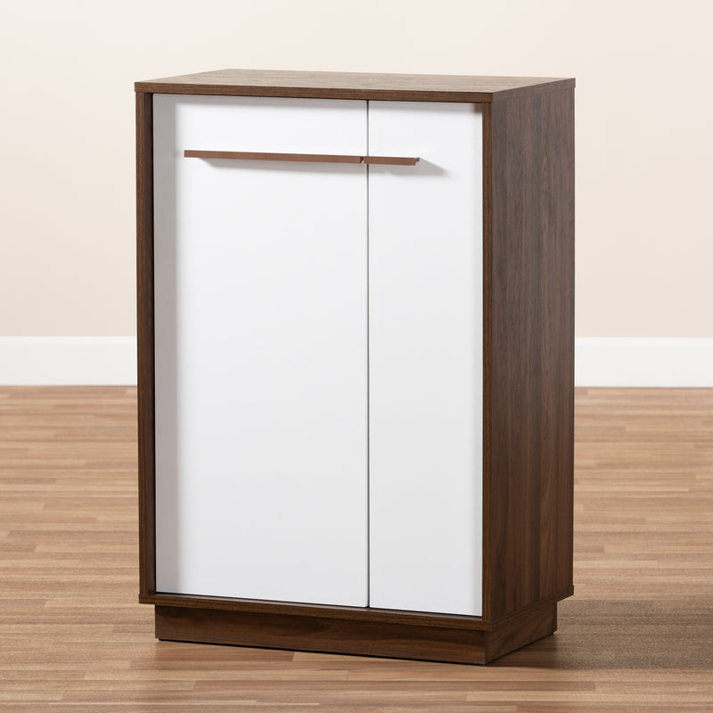 Mette Mid-Century Modern Shoe Cabinet - Two-Tone White and Walnut 5-Shelf Wood Storage Solution for Shoes and Accessories