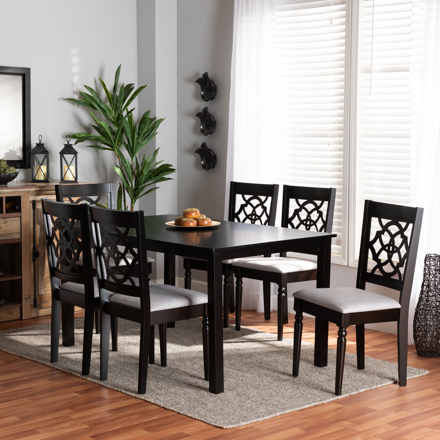 Renaud Dining Set Modern and Contemporary Grey Fabric Upholstered Dark Brown Finished Wood 7-Piece