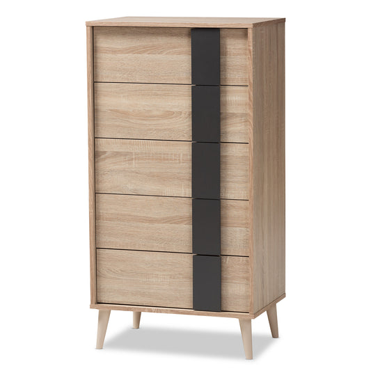 Lisen 5-Drawer Chest in Mid-Century Modern Light Oak and Grey Finish, Stylish Storage for Bedroom or Living Room