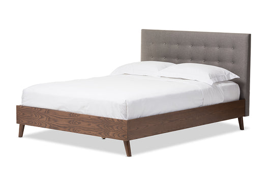 Alinia Platform Bed - Mid-century Retro Modern Grey Fabric Upholstered Walnut Wood