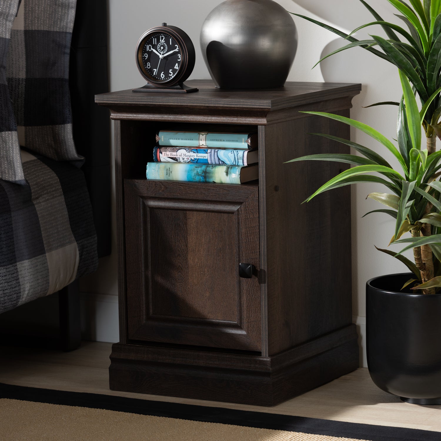 Nolan Nightstand Traditional Design in Hazel Walnut Brown Finish with 1 Door and Wood Construction