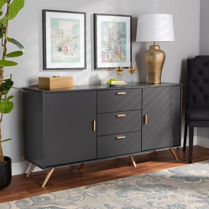 Kelson Sideboard Buffet - Modern Dark Grey and Gold Finished Wood 2-Door Storage Cabinet