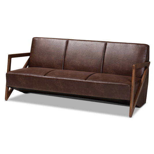 Christa Sofa Mid-Century Modern Design in Dark Brown Faux Leather with Walnut Finished Wood Frame