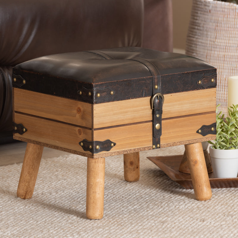 Amena Ottoman Rustic Transitional Dark Brown PU Leather Upholstered and Oak Finished Wood Large Storage