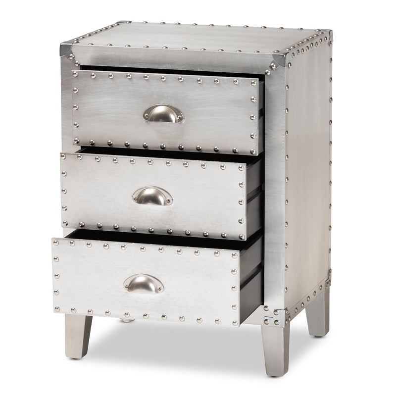 Claude French Industrial End Table with 3 Drawers in Silver Finish