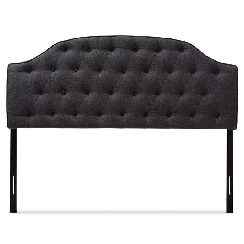 Windsor Queen Size Headboard Modern Dark Grey Fabric Upholstered with Scalloped Button Design and Tufting