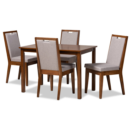 Rosa Dining Set Modern and Contemporary Grey Fabric Upholstered Walnut Brown Finished Wood 5-Piece