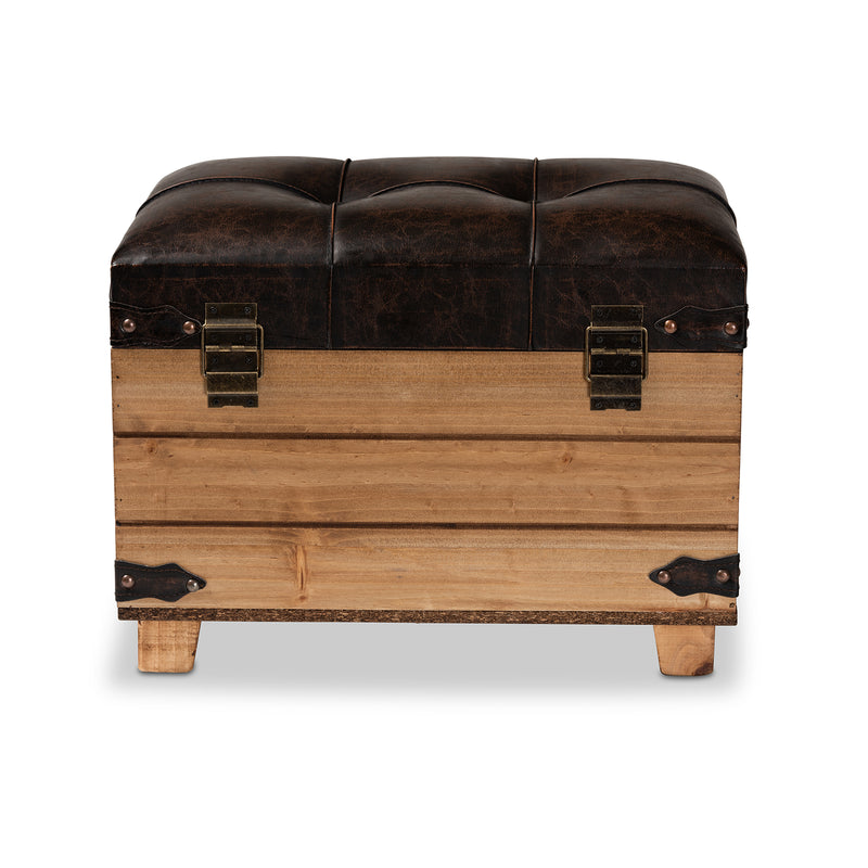 Edmund Storage Ottoman Rustic Dark Brown Faux Leather Upholstered with Oak Finished Wood