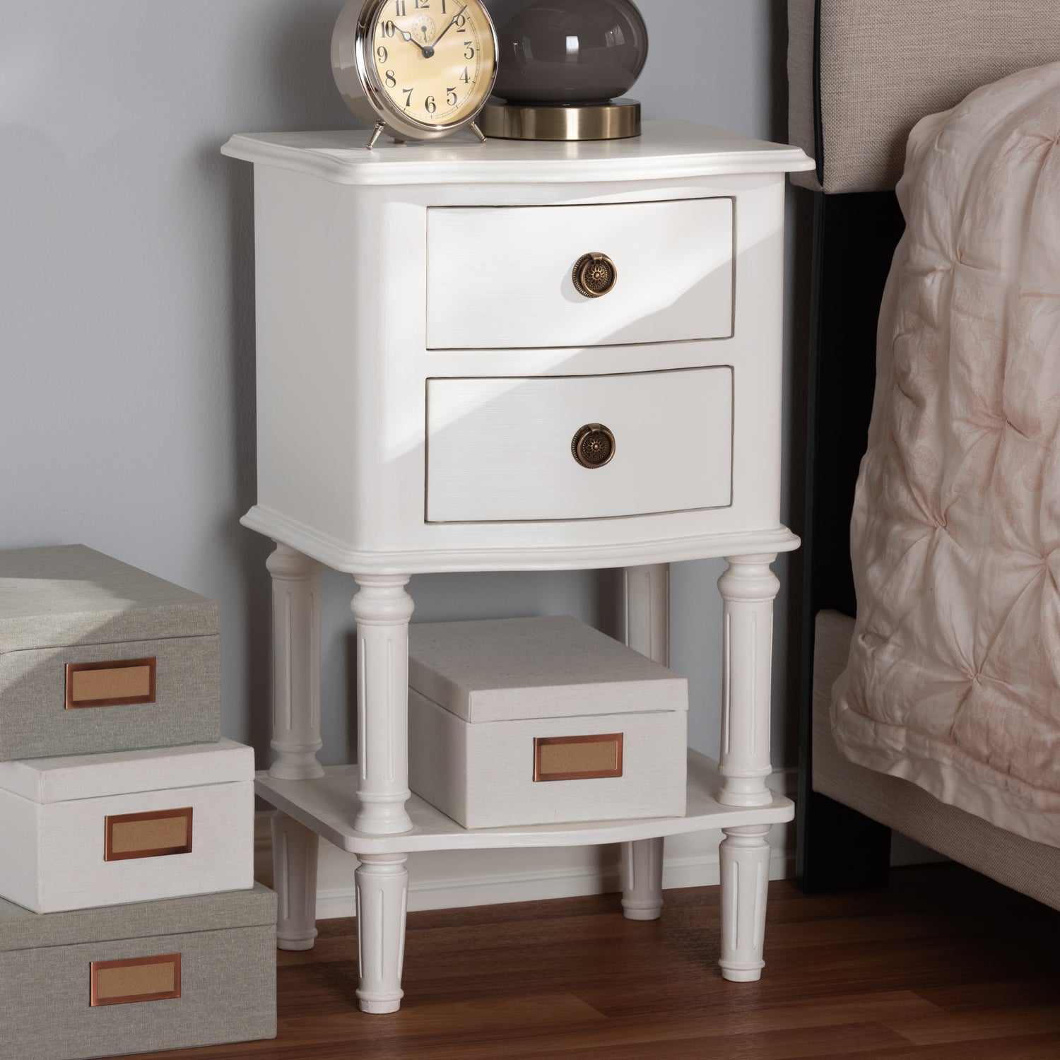 Audrey Nightstand Country Cottage Farmhouse Style White Finish with 2 Drawers for Bedroom Storage