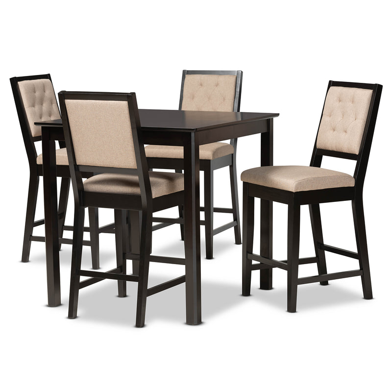 Gideon 5-Piece Pub Set Modern Sand Fabric Upholstered Seating with Dark Brown Finished Wood Table and Chairs