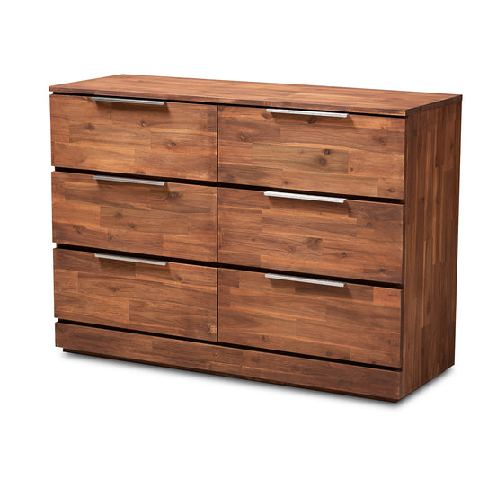 Austin Modern 6-Drawer Wood Dresser in Caramel Brown Finish for Stylish Bedroom Storage