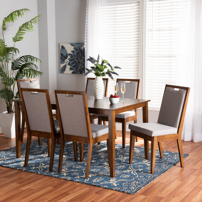 Rosa Dining Set Modern and Contemporary Grey Fabric Upholstered Walnut Brown Finished Wood 7-Piece