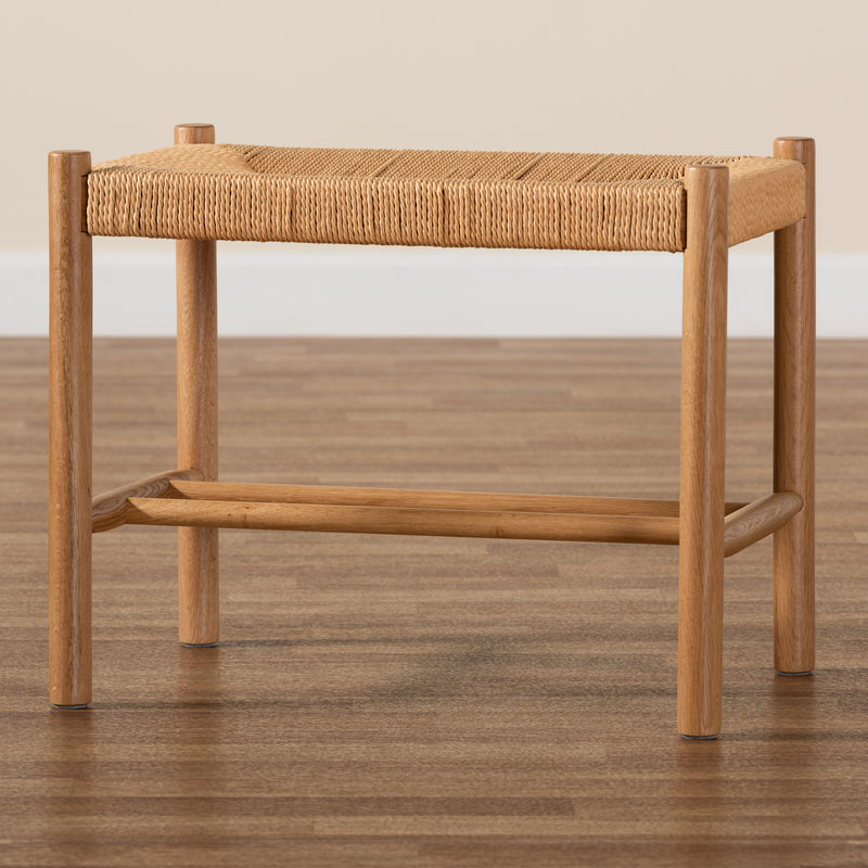 Saura Accent Bench Mid-Century Modern Oak Brown Wood with Hemp Upholstery for Stylish Home Decor