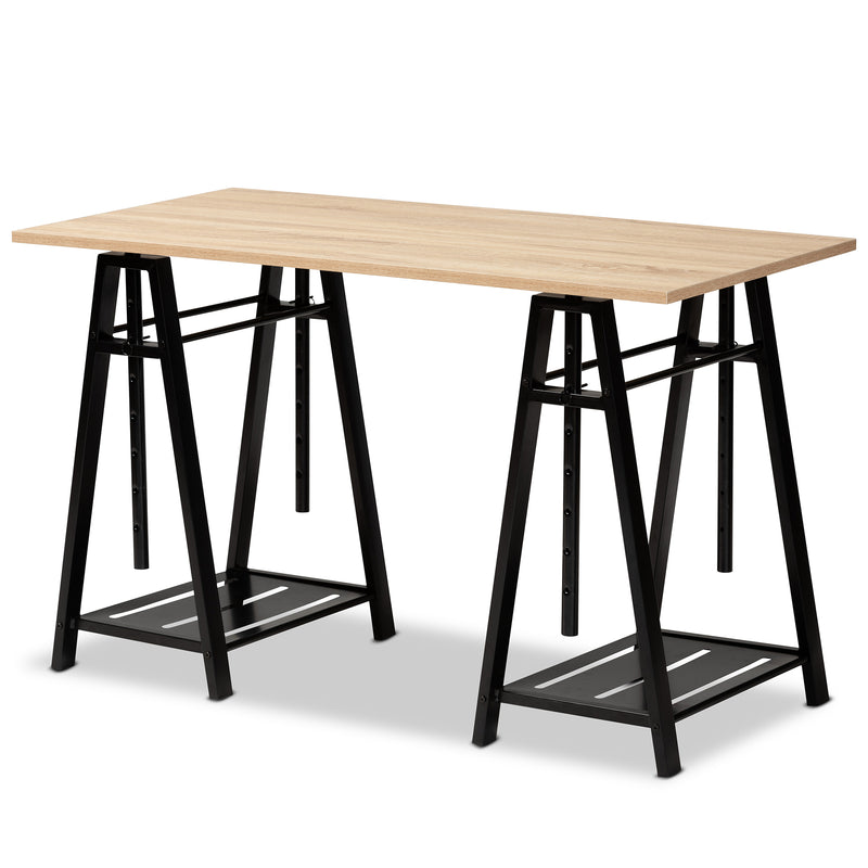 Mary Modern Industrial Height Adjustable Desk in Light Oak Wood and Black Metal Frame