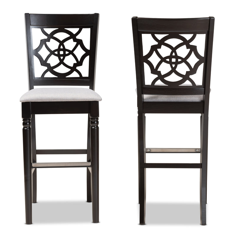 Alexandra Bar Stool Set Modern and Contemporary Grey Fabric Upholstered Espresso Brown Finished Wood 2-Piece