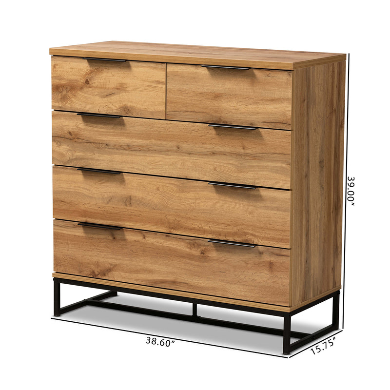 Franklin 5-Drawer Bedroom Chest in Modern Style with Oak Wood and Black Metal Accents