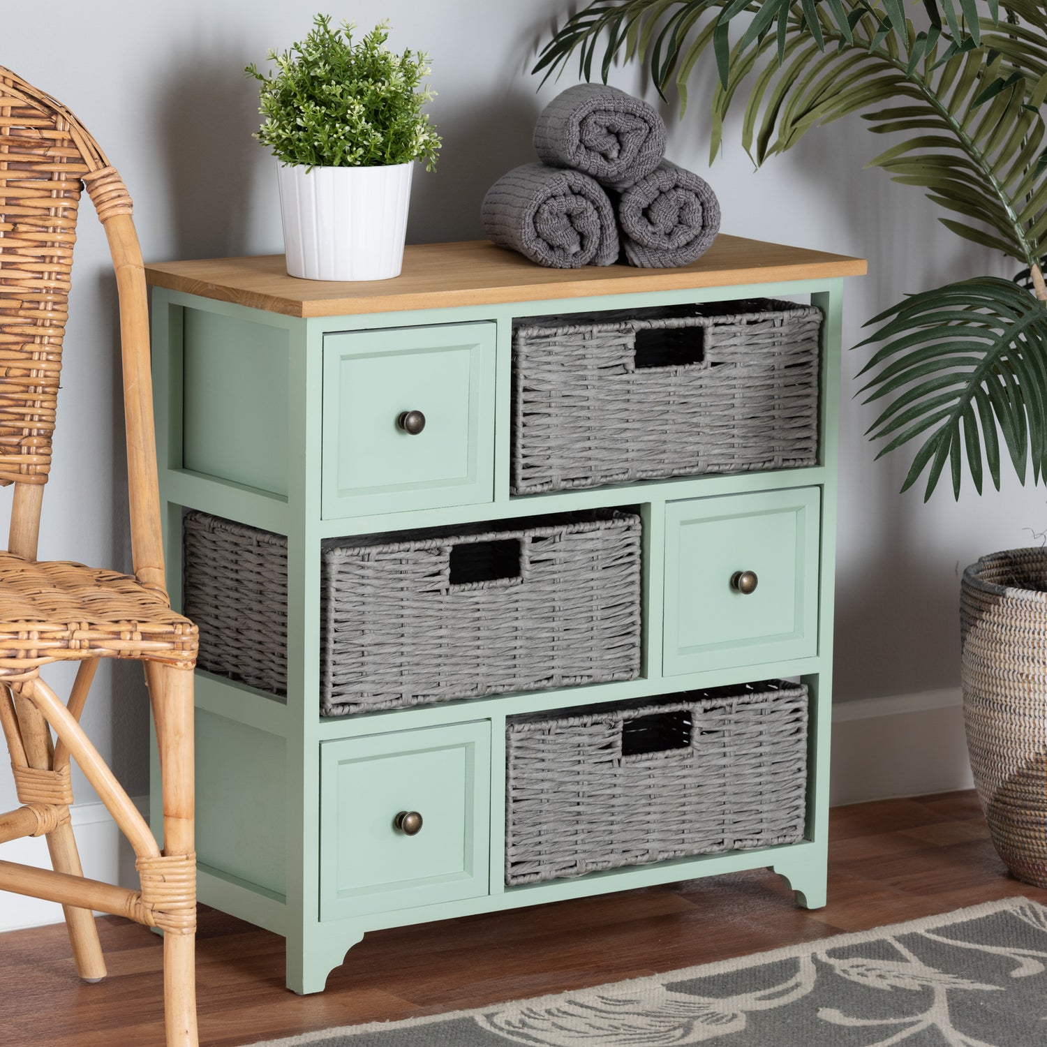 Valtina Storage Unit - Modern Two-Tone Oak Brown and Mint Green 3-Drawer Organizer with Baskets for Stylish Home Storage Solutions