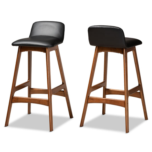 Darrin Bar Stool Set - Mid-Century Modern Black Faux Leather and Walnut Wood - Stylish 2-Piece Set for Kitchen or Home Bar