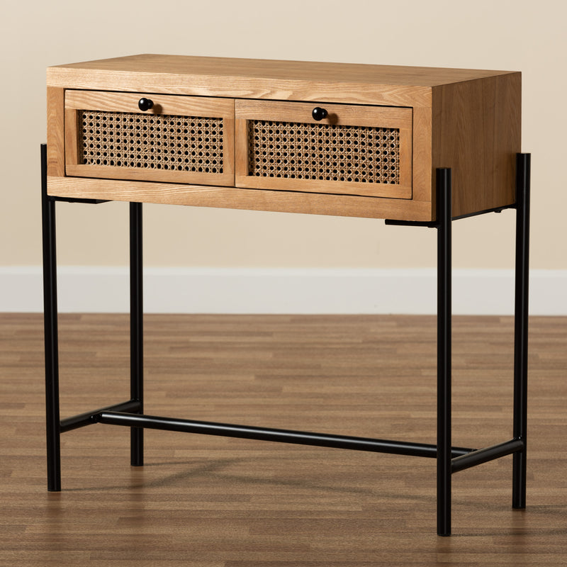 Santino Console Table Modern Industrial Design Natural Brown Wood Black Metal 2 Drawers for Storage and Style