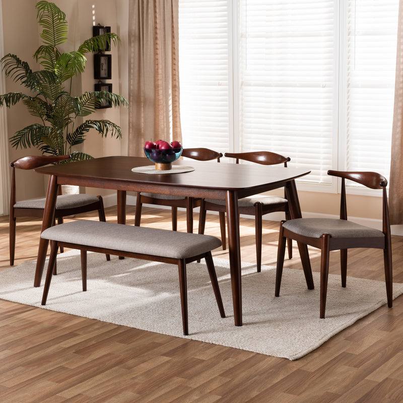 Amato Mid-Century Modern Dining Set 6-Piece Light Gray Fabric Upholstered Walnut Finished Wood Stylish and Comfortable for Contemporary Homes