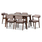 Althea 7-Piece Dining Set in Mid-Century Modern Style with Warm Grey Fabric and Dark Brown Wood Finish