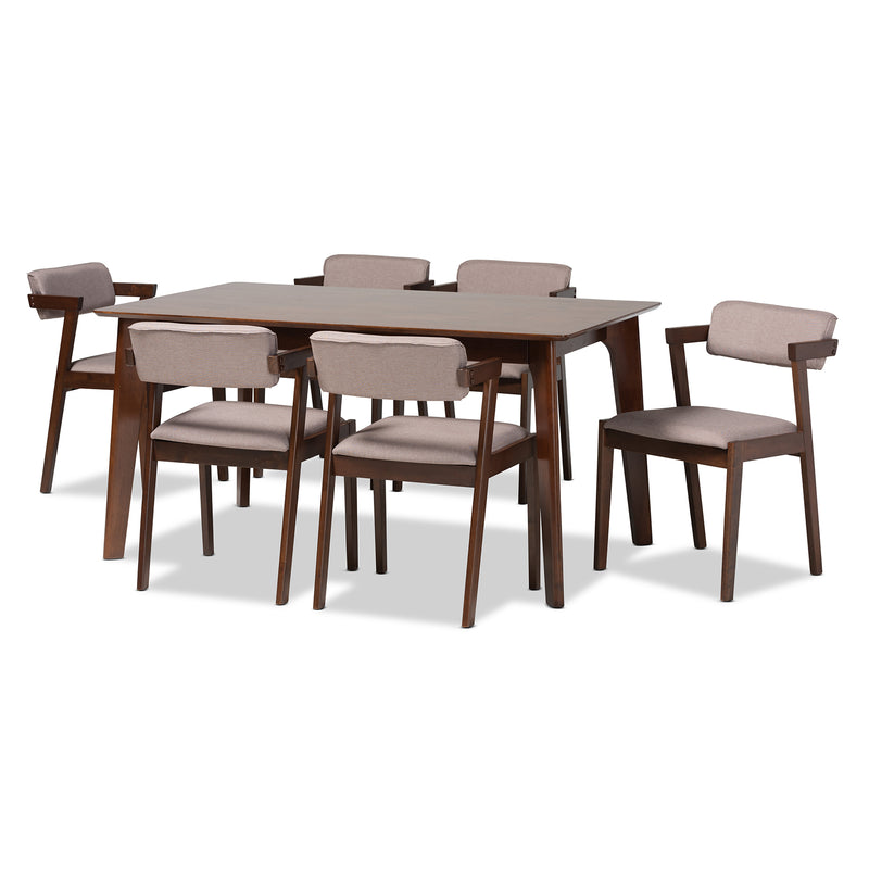 Althea 7-Piece Dining Set in Mid-Century Modern Style with Warm Grey Fabric and Dark Brown Wood Finish