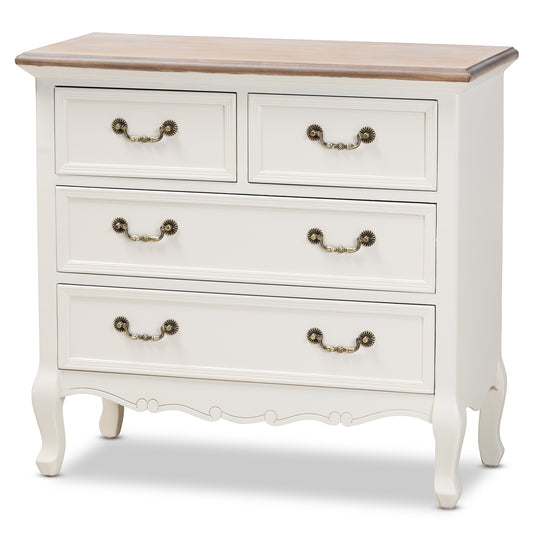 Amalie Accent Storage Cabinet Antique French Country Cottage Style Two-Tone White and Oak Finish with 4 Drawers for Stylish Organization