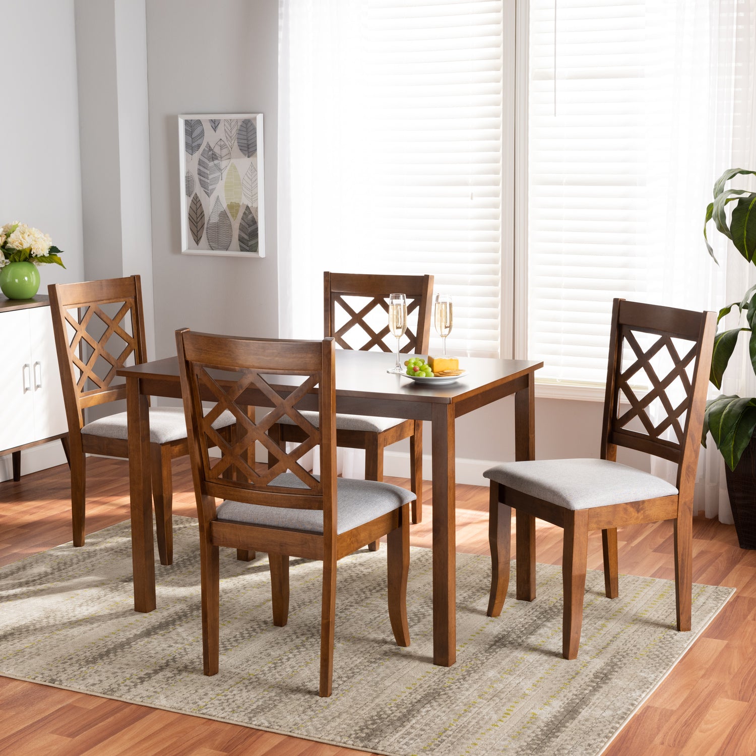 Sari Dining Set Modern 5-Piece Grey Fabric Upholstered Dining Set with Walnut Brown Finished Wood