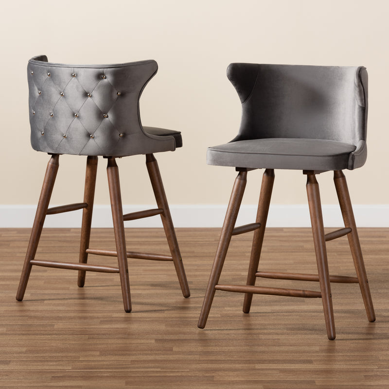 Sagira Counter Stool Set Modern Contemporary Grey Velvet Fabric Upholstered Walnut Brown Finished Wood 2-Piece