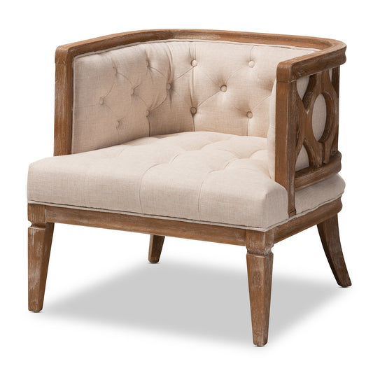 Esme Accent Barrel Chair French Provincial Design in Beige Linen with White-Washed Oak Frame Stylish Upholstered Seating for Living Room or Bedroom