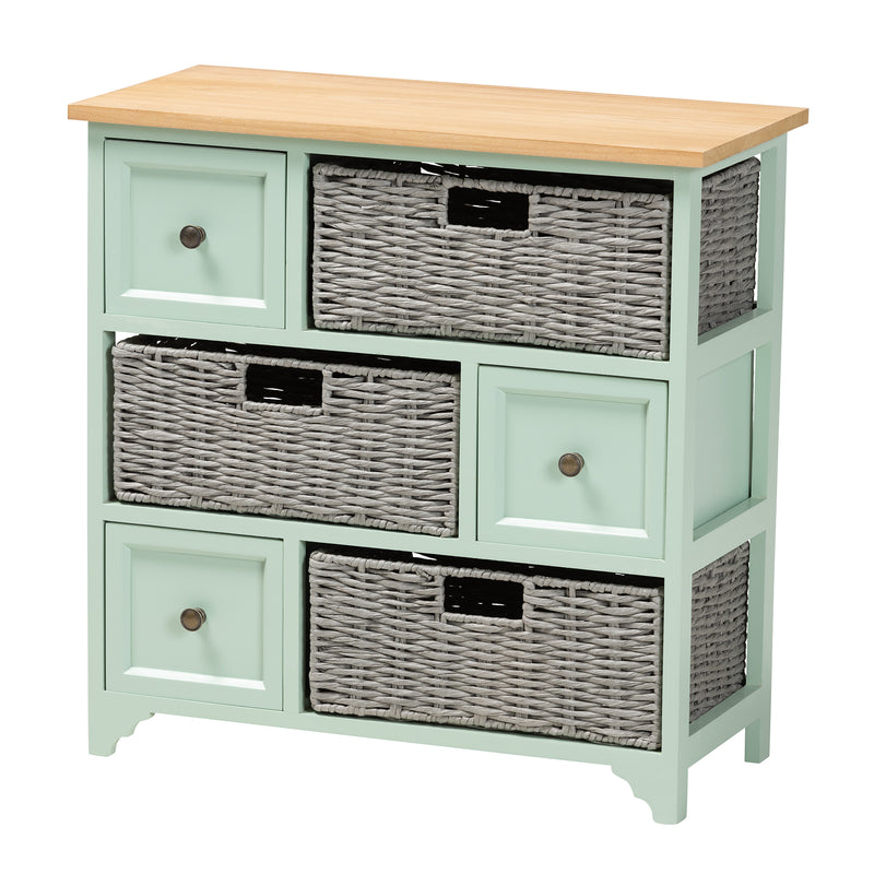 Valtina Storage Unit - Modern Two-Tone Oak Brown and Mint Green 3-Drawer Organizer with Baskets for Stylish Home Storage Solutions