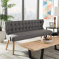 Melody 3-Seater Settee Bench in Mid-Century Modern Style with Grey Fabric and Natural Wood Finish