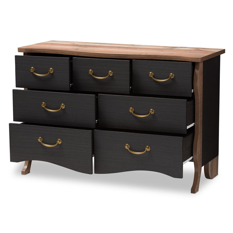 Romilly 7-Drawer Dresser in Black and Oak Finished Wood - Country Cottage Farmhouse Storage Solution