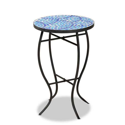 Gaenor Modern Plant Stand Black Metal Frame with Blue Glass Top for Stylish Indoor and Outdoor Plant and Decor Display