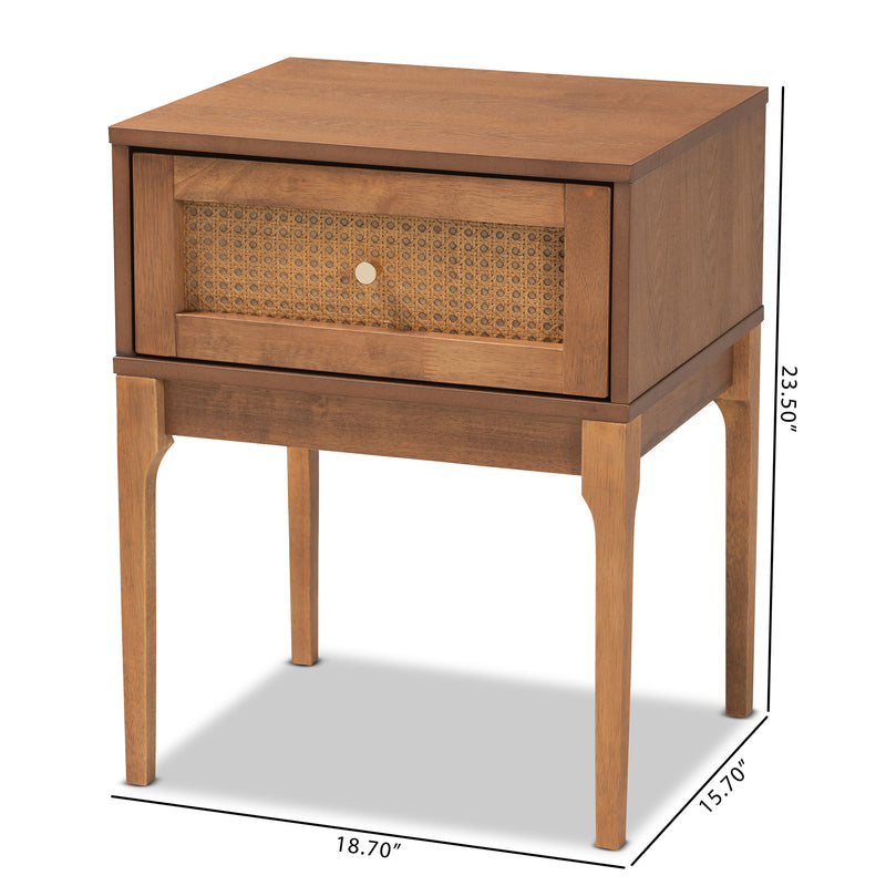 Ramiel Nightstand Mid-Century Modern Design Ash Walnut Finish Wood Rattan with 1 Drawer for Storage