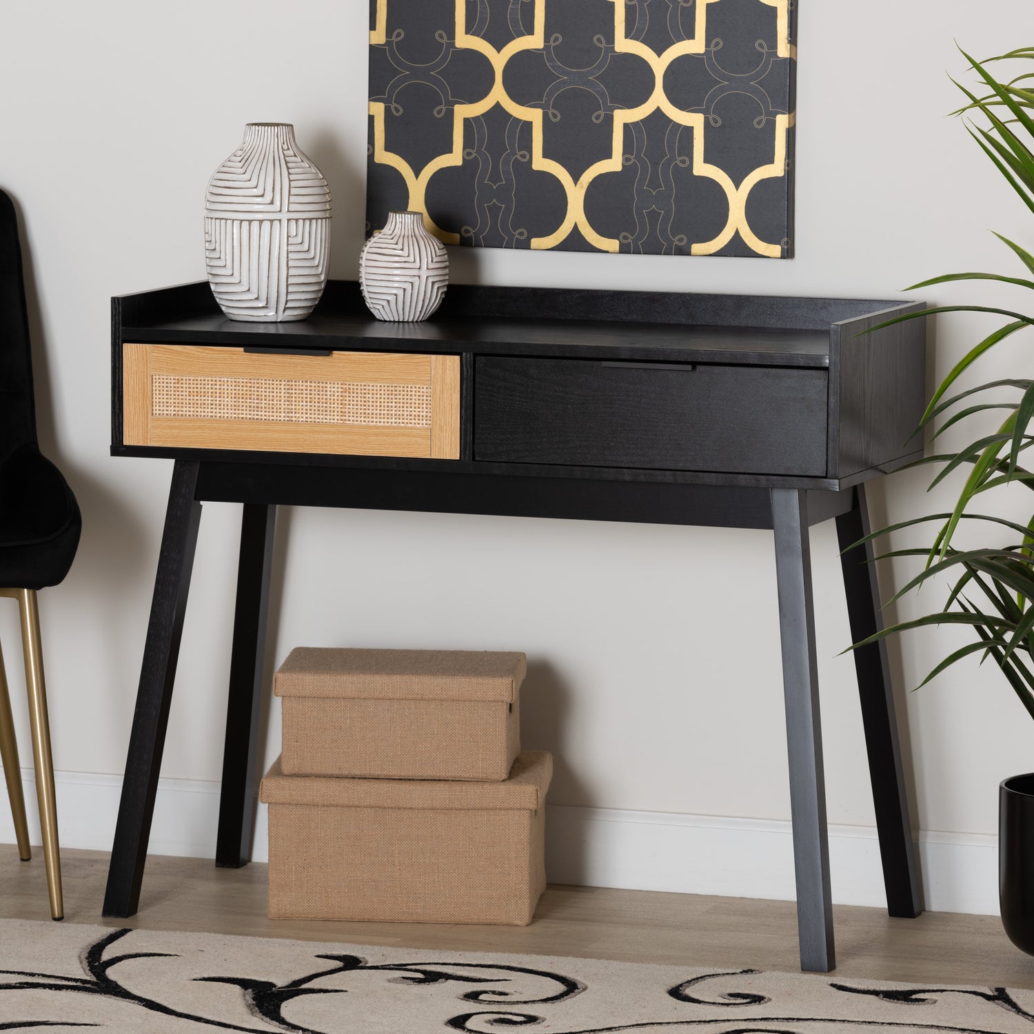 Kalani Console Table Mid-Century Modern Two-Tone Espresso Brown and Natural Wood with 2 Drawers for Stylish Storage and Display