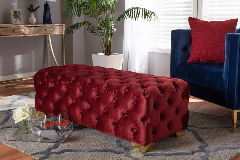 Avara Bench Ottoman Burgundy Velvet Fabric Upholstered Gold Finished Button Tufted