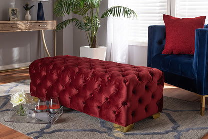 Avara Bench Ottoman Burgundy Velvet Fabric Upholstered Gold Finished Button Tufted