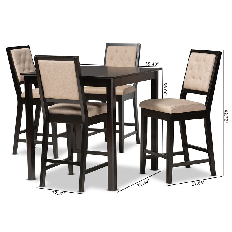 Gideon 5-Piece Pub Set Modern Sand Fabric Upholstered Seating with Dark Brown Finished Wood Table and Chairs