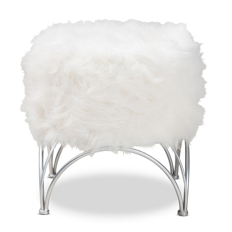 Celia Ottoman - Modern White Faux Fur Upholstered Accent with Silver Metal Base, Stylish Furniture for Living Room or Bedroom