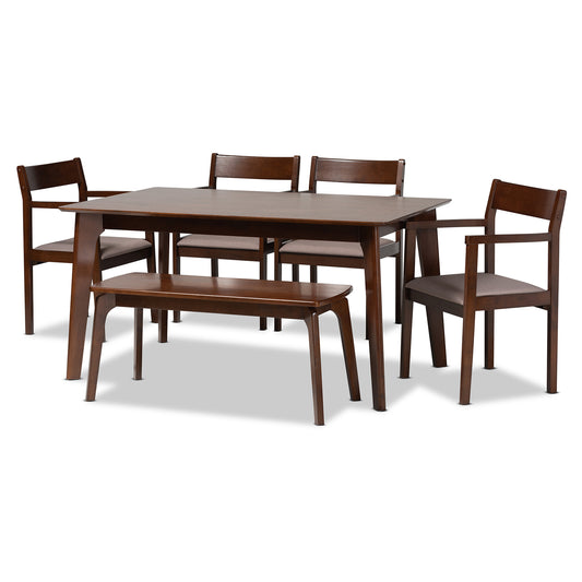 Helene Dining Set Mid-Century Modern 6-Piece Collection in Warm Grey Fabric and Dark Brown Wood Finish