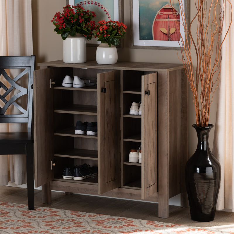 Derek Shoe Cabinet - Modern Rustic Oak Finished Wood with 3 Doors for Stylish Storage Solutions