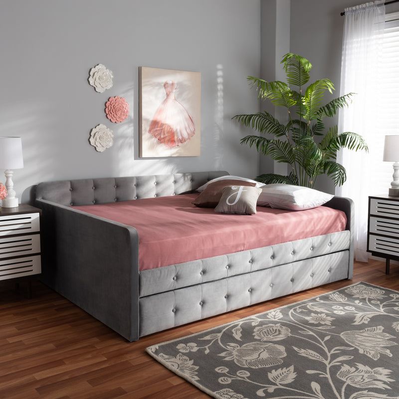 Jona Daybed - Modern and Contemporary Transitional Grey Velvet Fabric Upholstered with Button Tufting and Trundle