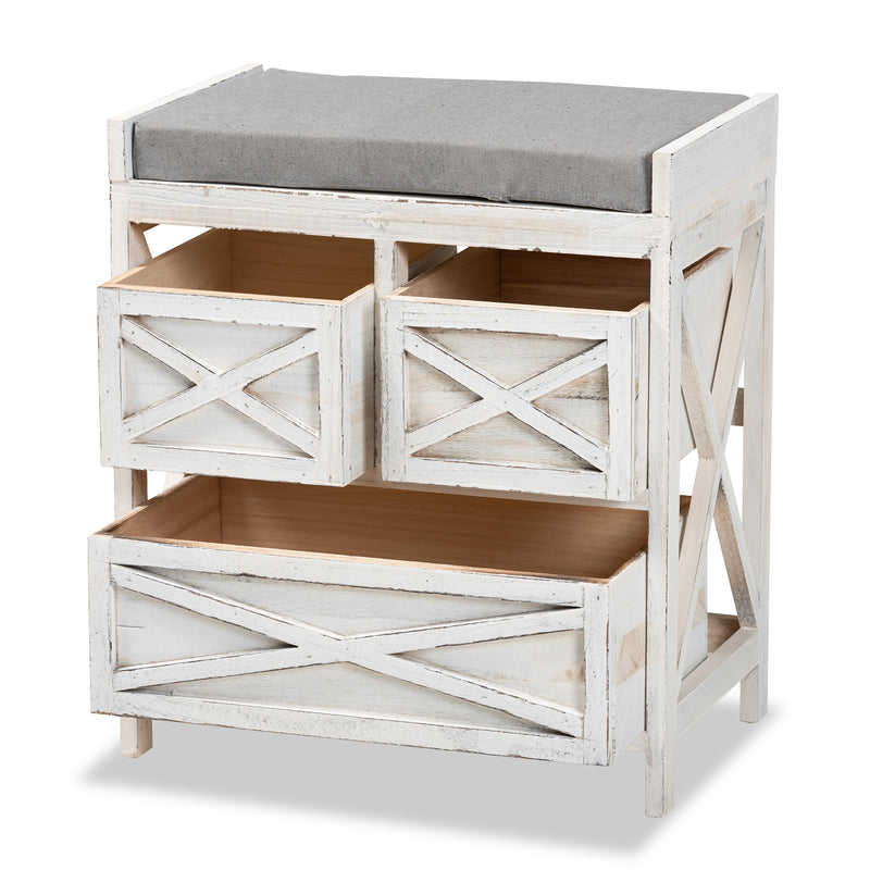 Parra Storage Bench Modern Farmhouse Style Grey Fabric Upholstery Whitewashed Wood 3 Drawers for Organized Storage