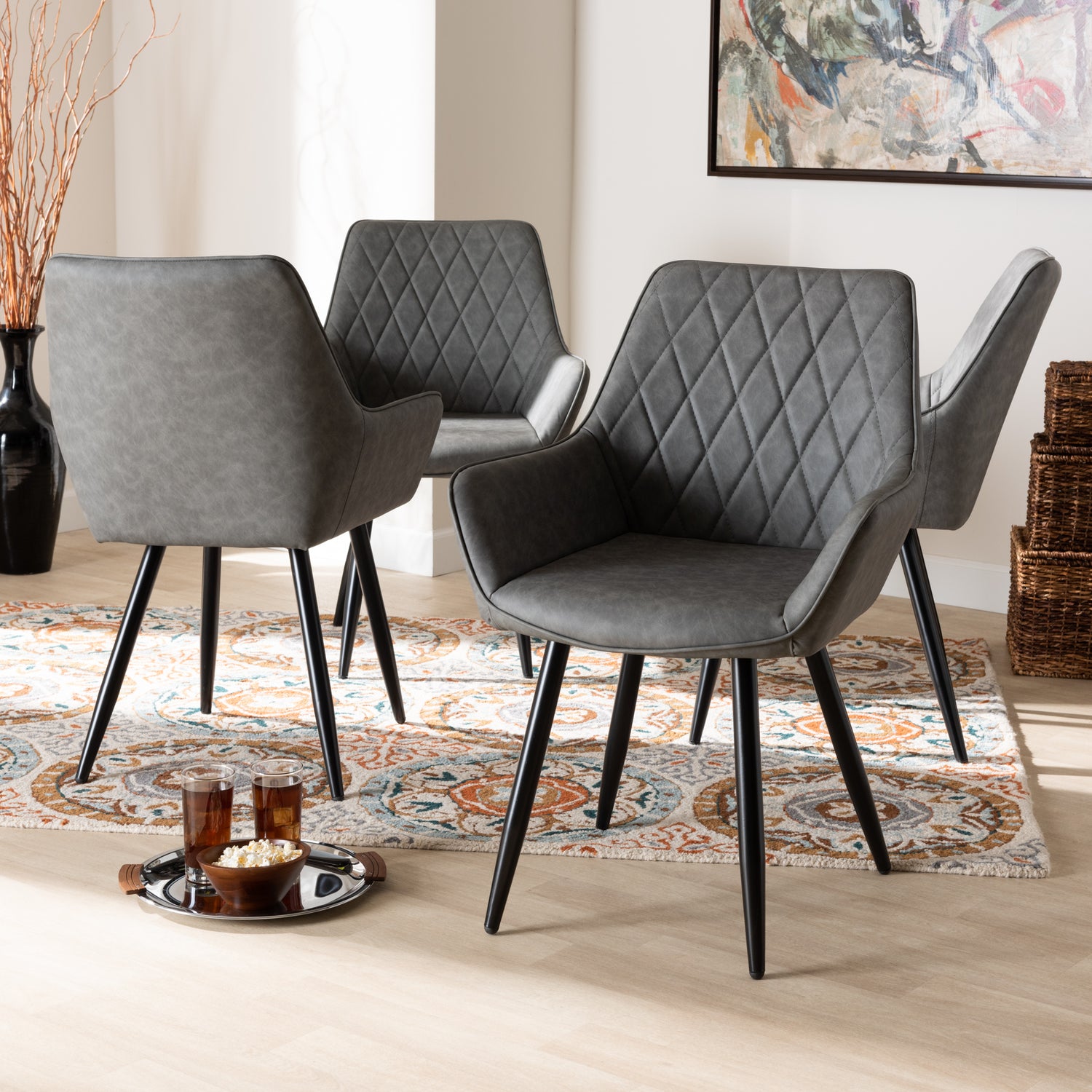 Astrid Dining Chair Set Mid-Century Contemporary Grey Faux Leather Upholstered Black Metal 4-Piece