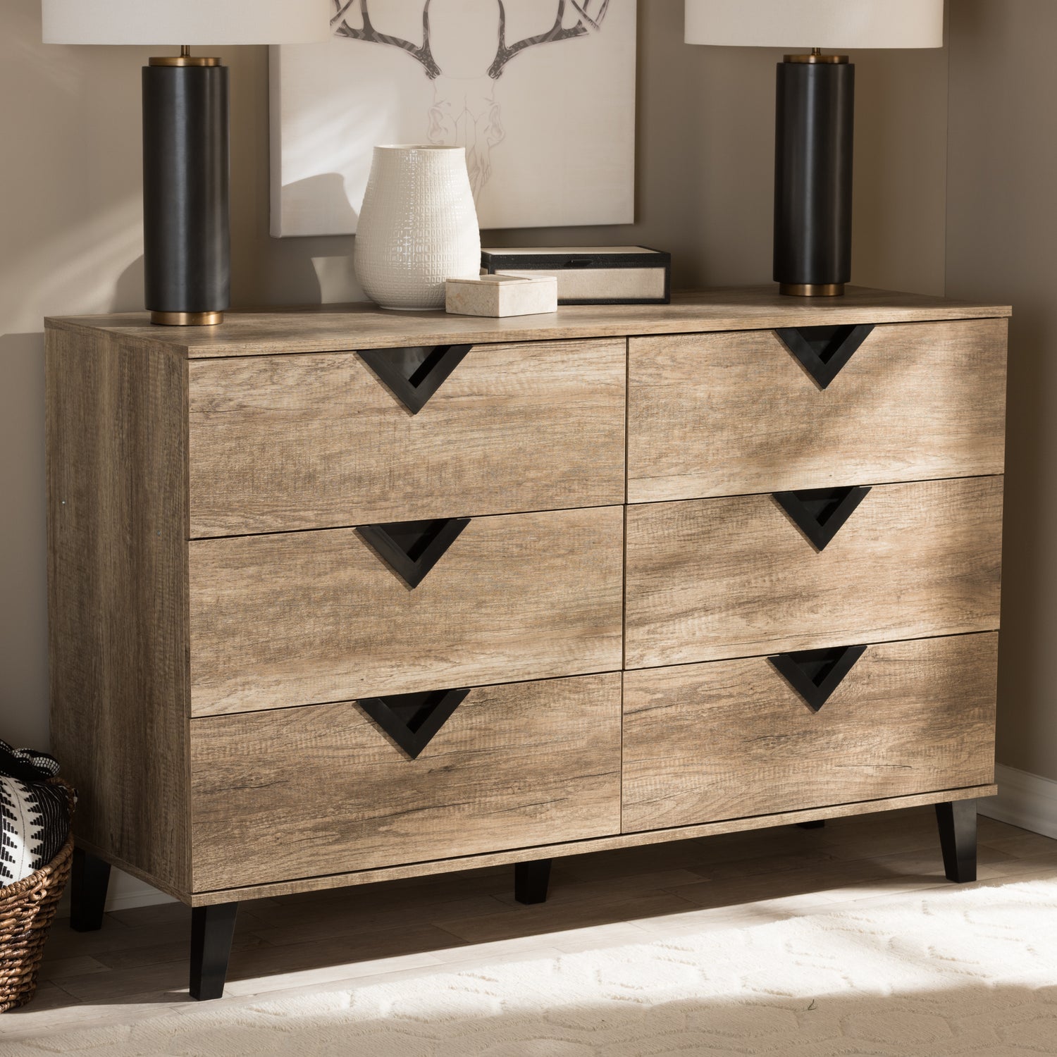 Wales Modern 6-Drawer Dresser in Light Brown Wood with Sleek Design and Ample Storage