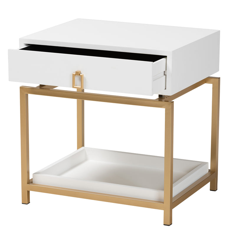 Melosa End Table Modern Glam and Luxe White Finished Wood and Gold Metal 1-Drawer